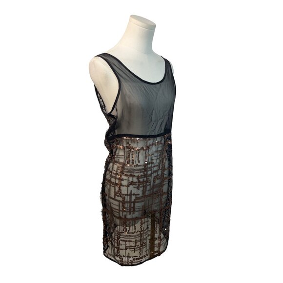 Black Sheer Sleeveless Dress With Bronze Sequin Geometric Pattern - Picture 2 of 6